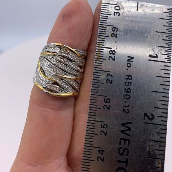 Ring, solid sterling 925, sz 6 and 7, pave gems, gold accents, cigar band - Picture 7 of 14
